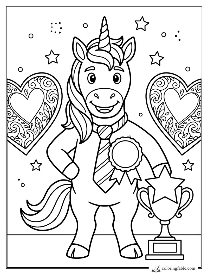 Smiling unicorn wearing a ribbon and striped tie beside a star trophy and decorated heart posters.