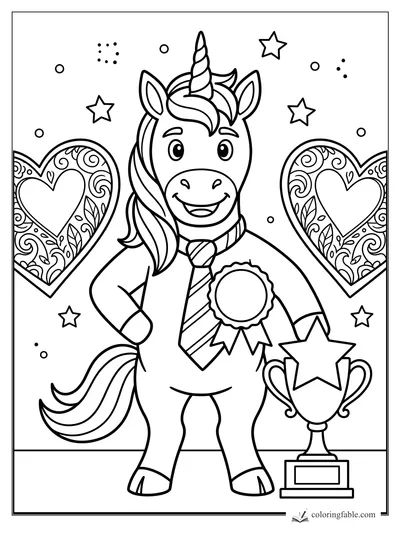 Smiling unicorn wearing a ribbon and striped tie beside a star trophy and decorated heart posters.