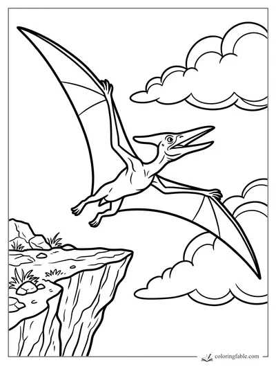 Cartoon pterodactyl flying from a rocky cliff with big wings, open beak, and fluffy clouds