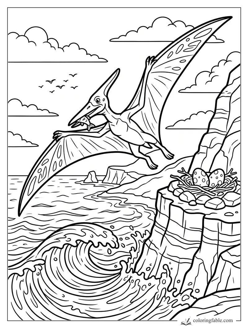 Pterosaur carrying a fish above ocean waves near a cliff nest with spotted eggs