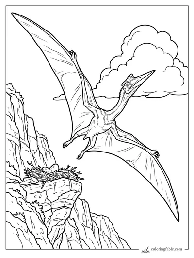Pterosaur gliding beside a rocky cliff nest with two eggs and puffy clouds