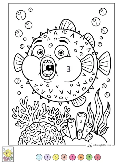 Puffed-Up Pufferfish Over Coral — color by number