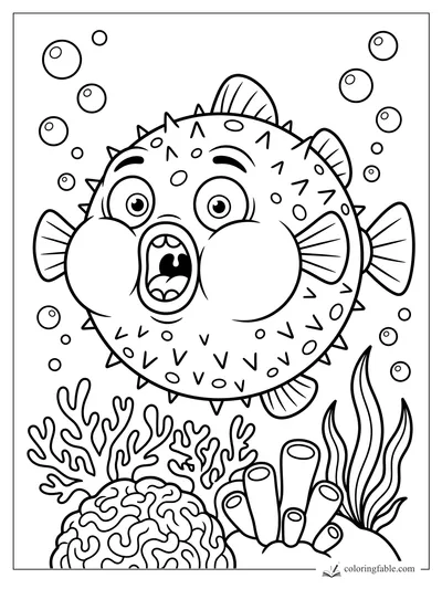 Cartoon pufferfish with puffed cheeks, spikes, bubbles, coral, tube sponges, and seaweed.