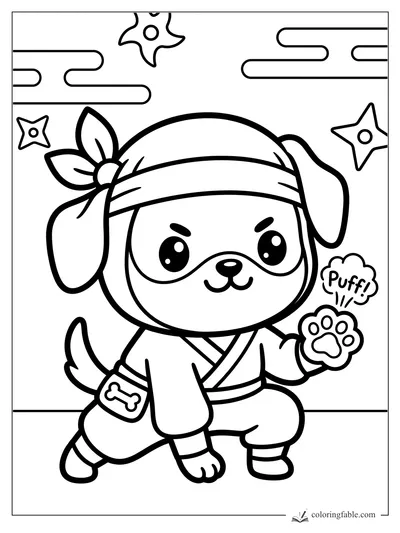 Kawaii puppy ninja named Puffi waving a paw under clouds and shuriken stars