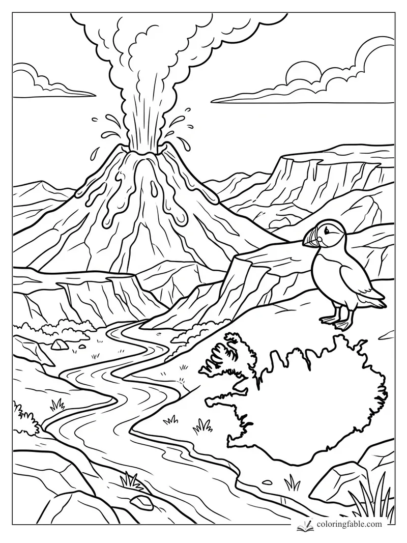 Puffin beside Iceland map with erupting volcano, lava, river, cliffs, and clouds coloring page