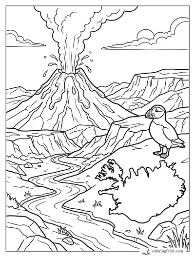 Puffin beside Iceland map with erupting volcano, lava, river, cliffs, and clouds coloring page