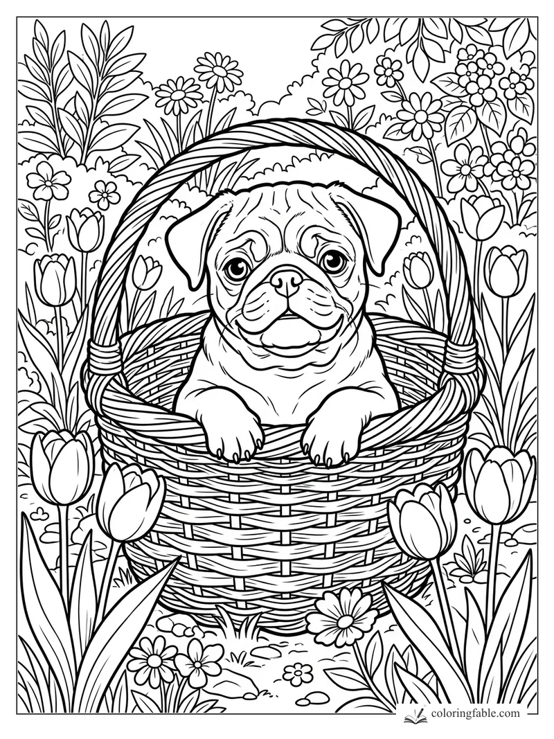 Pug puppy leaning over a woven basket handle among tulips, daisies, leafy shrubs, and garden vines.