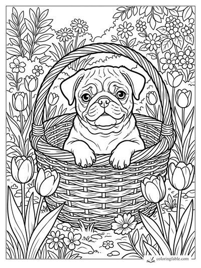Pug puppy leaning over a woven basket handle among tulips, daisies, leafy shrubs, and garden vines.