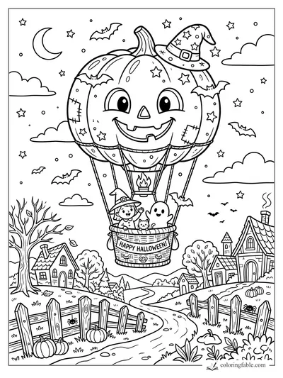 Smiling pumpkin hot air balloon with witch, ghost, cat, bats, stars, and Halloween village below