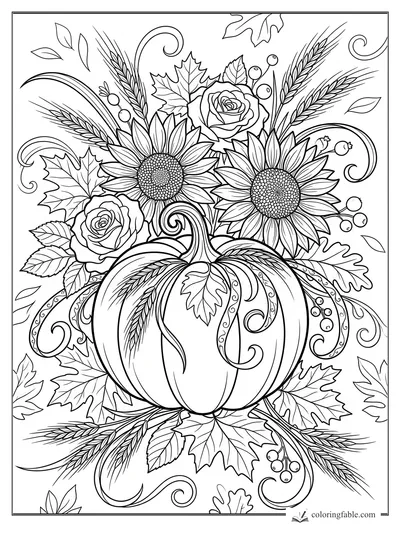 Intricate Thanksgiving pumpkin bouquet with sunflowers, roses, wheat stalks, berries, leaves, and swirling vines.