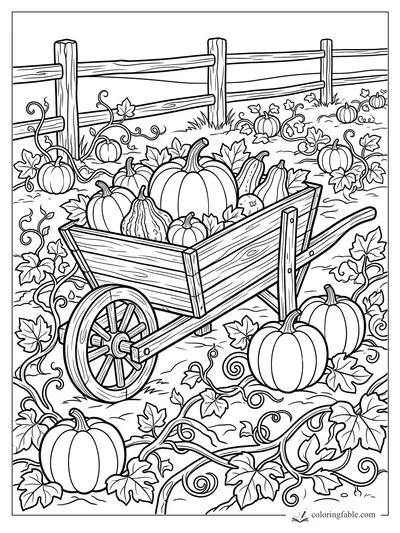 Wooden wheelbarrow full of pumpkins and gourds among curling vines by a split-rail fence