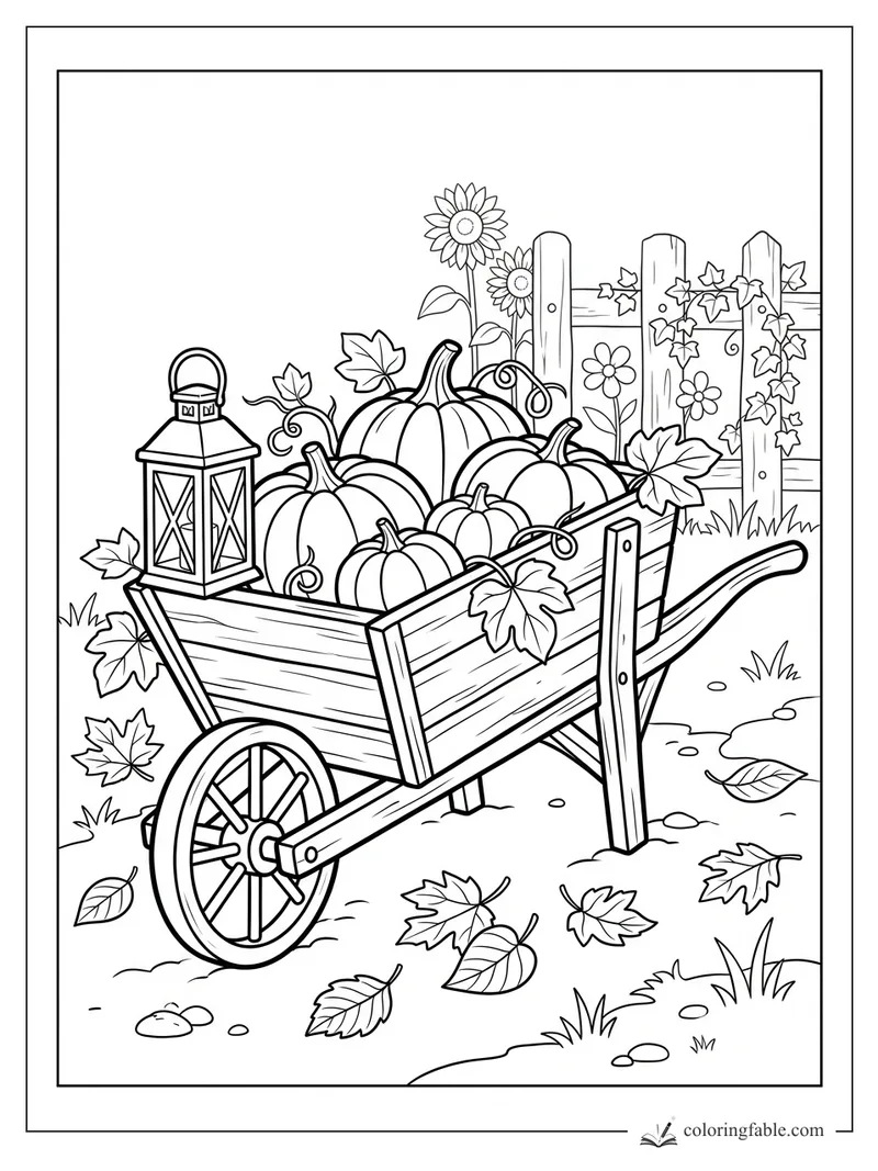 Halloween pumpkins in a wooden wheelbarrow with lantern, leaves, flowers, and ivy-covered fence