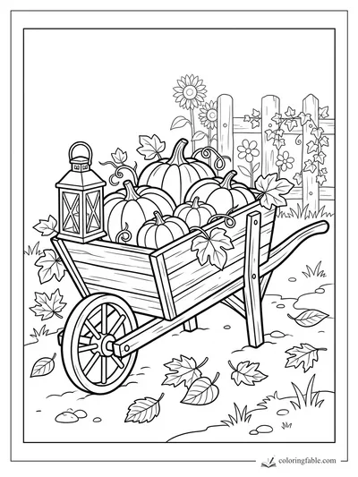 Halloween pumpkins in a wooden wheelbarrow with lantern, leaves, flowers, and ivy-covered fence