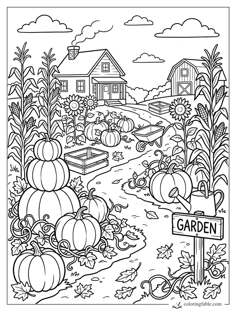 Cartoon pumpkin garden with cornstalks, sunflowers, wheelbarrow, farmhouse, barn, and garden sign.