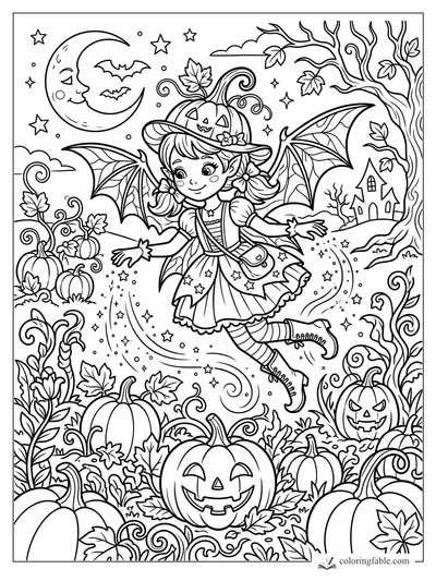 Cartoon fairy with bat wings, pumpkin hat, jack-o’-lanterns, crescent moon, bats, and spooky trees