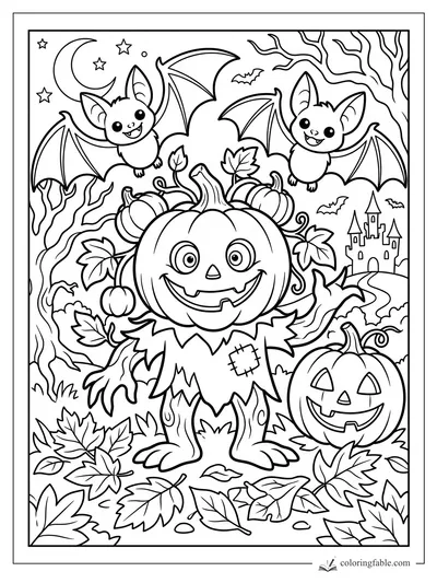 Cute pumpkin-head monster in a leaf pile with bats, jack-o’-lanterns, castle, moon, and bare trees.