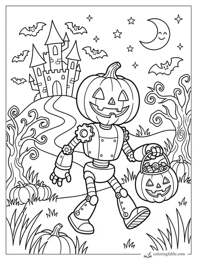 Cartoon pumpkin-head robot carrying a jack-o-lantern candy pail near a spooky castle, bats, moon, and pumpkins.
