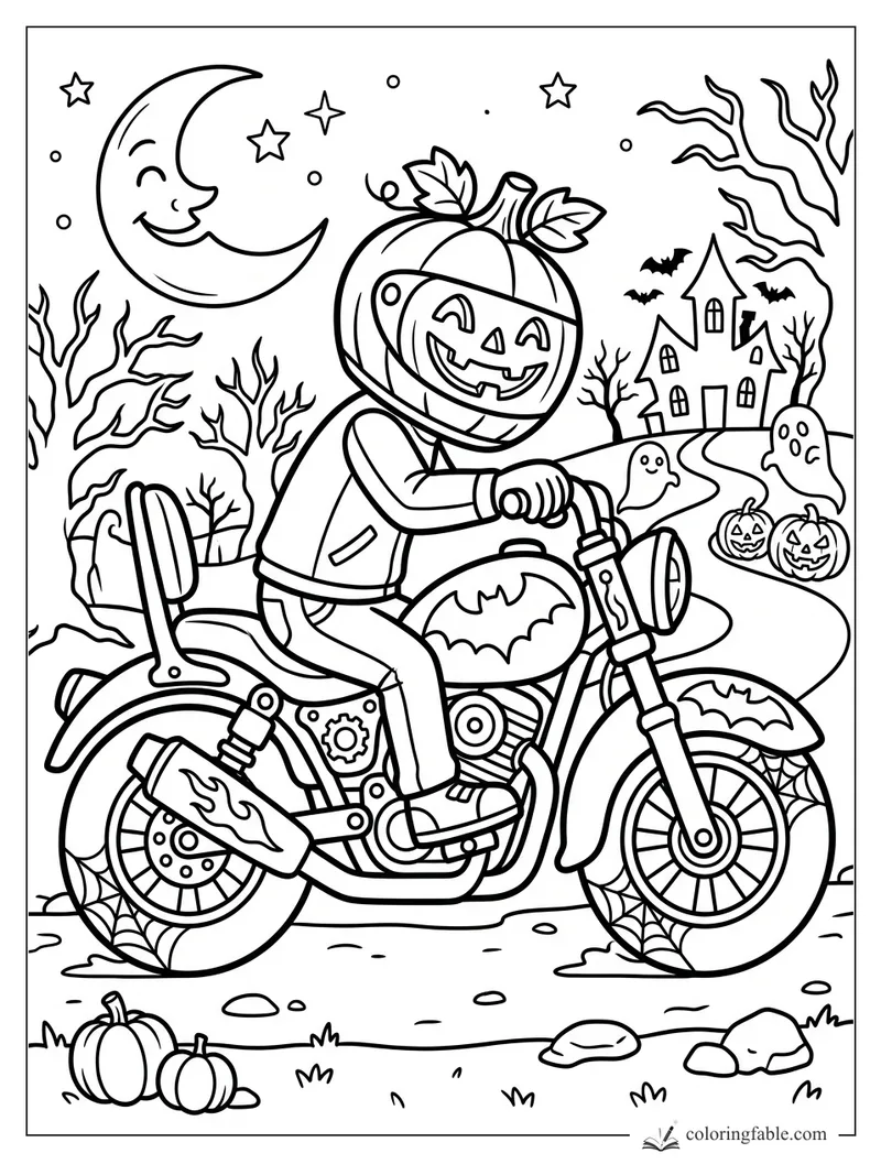 Cartoon pumpkin-helmet rider on a bat-decorated motorcycle passing ghosts, bats, and a haunted house.