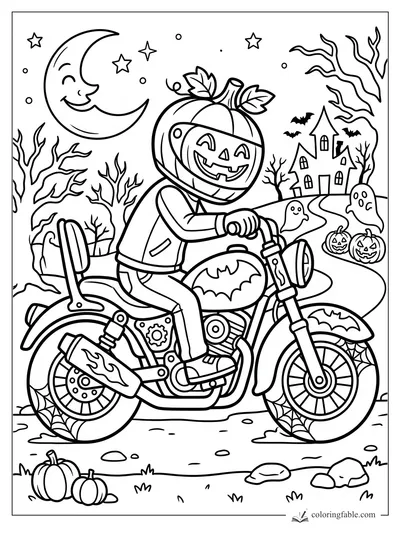 Cartoon pumpkin-helmet rider on a bat-decorated motorcycle passing ghosts, bats, and a haunted house.