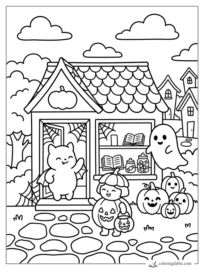 Cozy Halloween bookshop with pumpkin-costumed child, bat-wing cat, smiling ghost, pumpkins, webs, and books