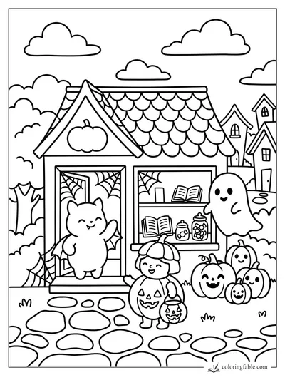 Cozy Halloween bookshop with pumpkin-costumed child, bat-wing cat, smiling ghost, pumpkins, webs, and books