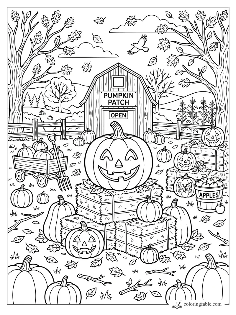 October pumpkin patch coloring page with barn, hay bales, apples, wagon, falling leaves, and jack-o'-lanterns