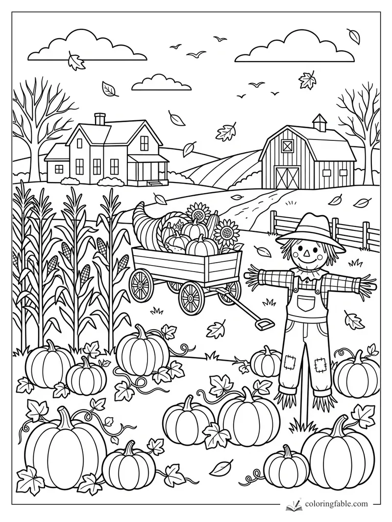 Fall farm coloring page with pumpkins, corn stalks, a produce wagon, scarecrow, barn, farmhouse, and falling leaves.