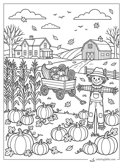 Fall farm coloring page with pumpkins, corn stalks, a produce wagon, scarecrow, barn, farmhouse, and falling leaves.