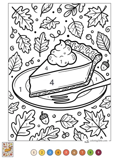 Pumpkin Pie Slice with Autumn Leaves — color by number