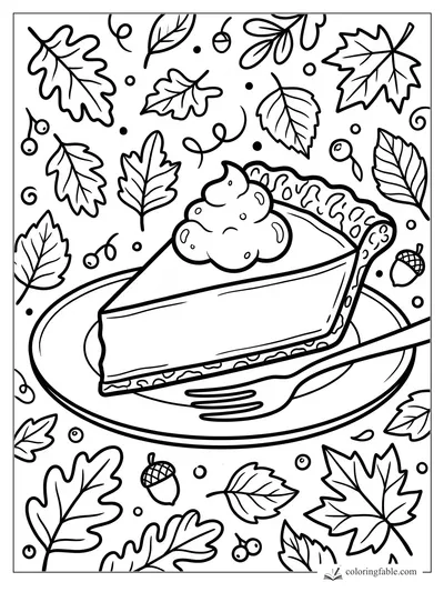Easy Thanksgiving coloring page of pumpkin pie with whipped cream, fork, leaves, acorns, and berries.