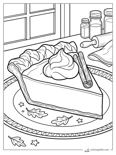 Realistic pumpkin pie slice with whipped cream, cinnamon sticks, rolling pin, spice jars, and window