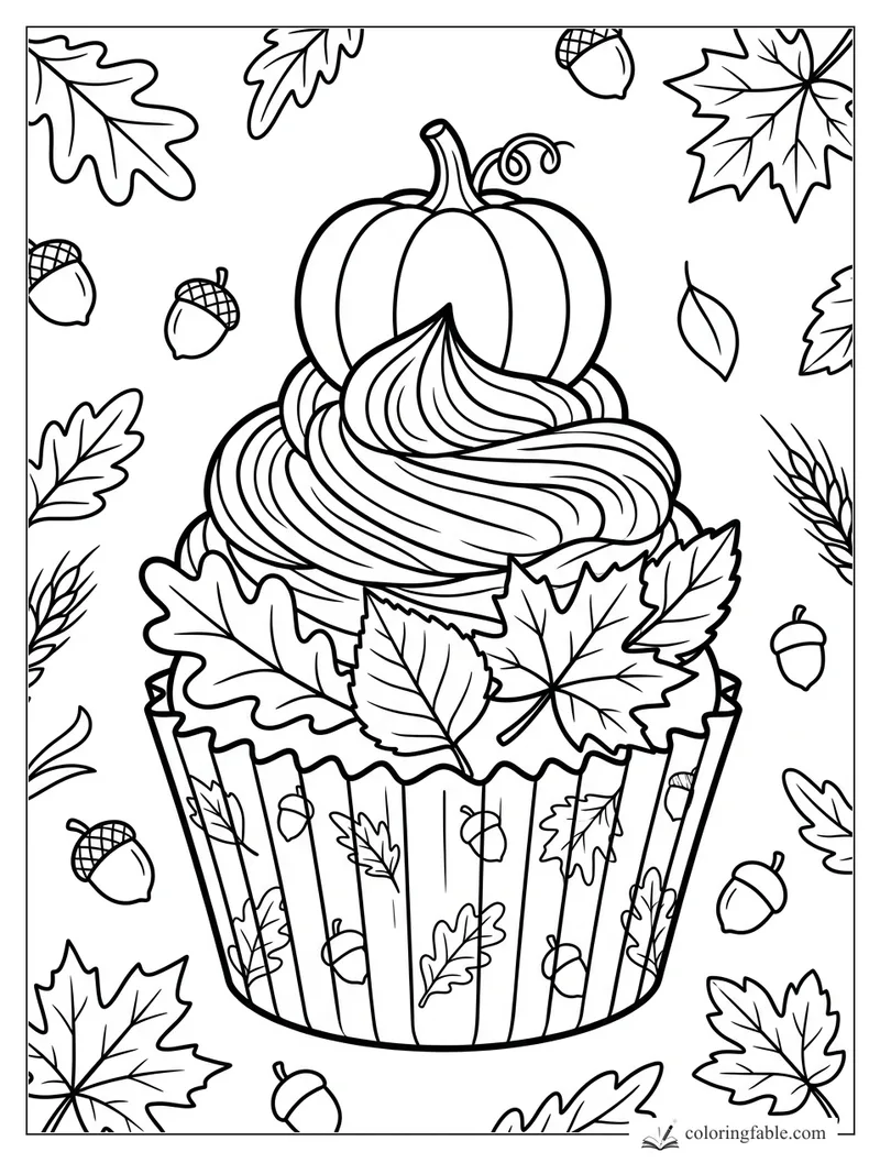 Autumn cupcake coloring page with pumpkin topper, swirled frosting, leaves, acorns, and patterned wrapper.