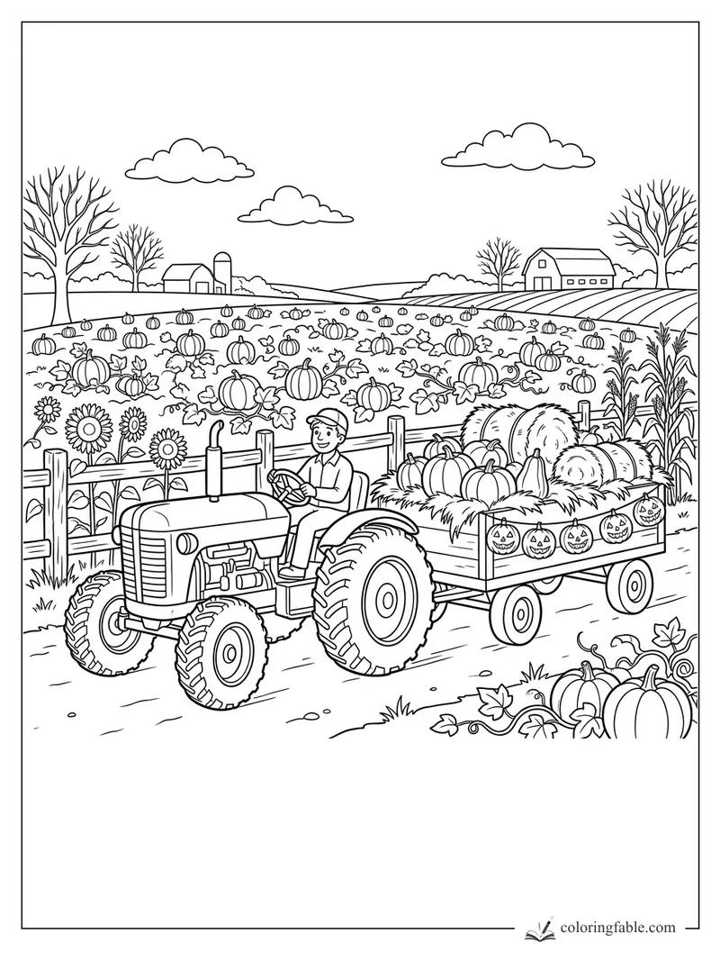Farmer driving a tractor with a pumpkin wagon past fields, barns, sunflowers, and jack-o'-lantern bunting.