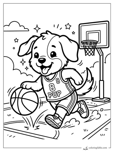 Cartoon puppy in a PUP jersey dribbling a basketball toward a backyard hoop with stars and clouds.