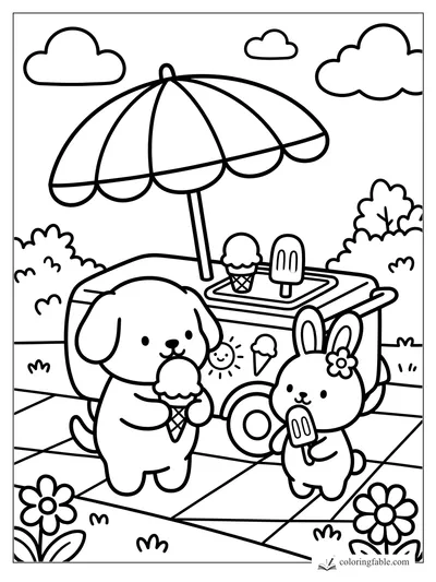 Puppy and bunny eating ice cream beside a cart with umbrella, clouds, bushes, and flowers.