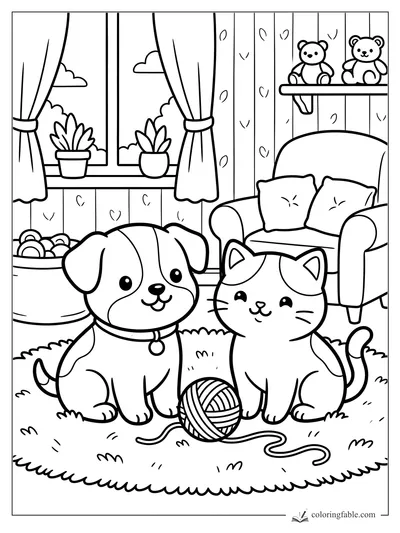 Kawaii puppy and kitten sitting on a rug with yarn in a cozy playroom