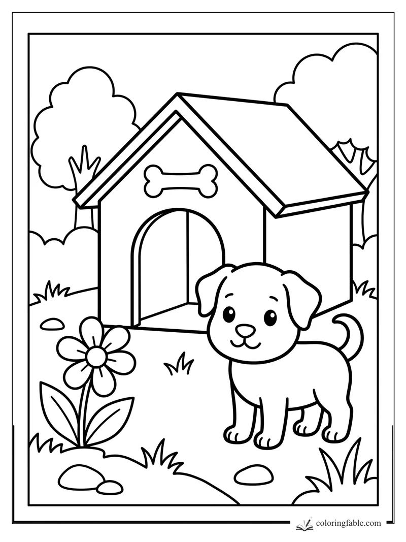 Easy puppy coloring page with doghouse, bone sign, flower, grass, trees, and small yard stones.