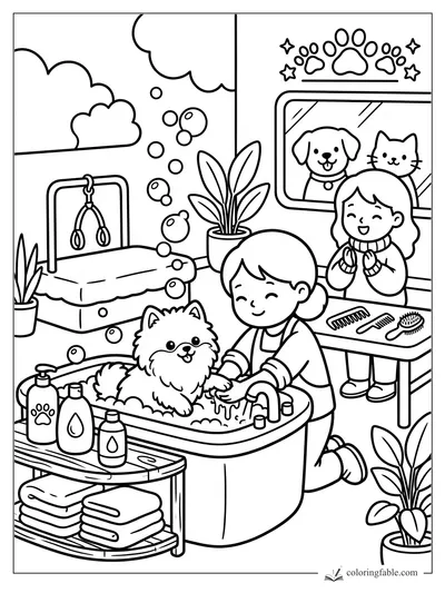 Child washing fluffy puppy in pet spa tub with bubbles, grooming tools, plants, and pets in window