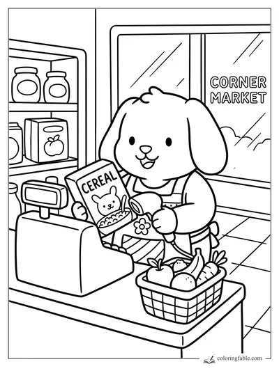 Puppy cashier scans cereal beside a produce basket at the Corner Market checkout.