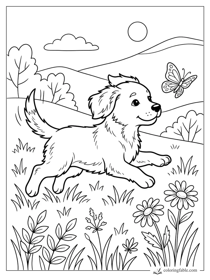 Happy puppy bounding through a meadow toward a butterfly, with daisies, hills, trees, clouds, and sun.