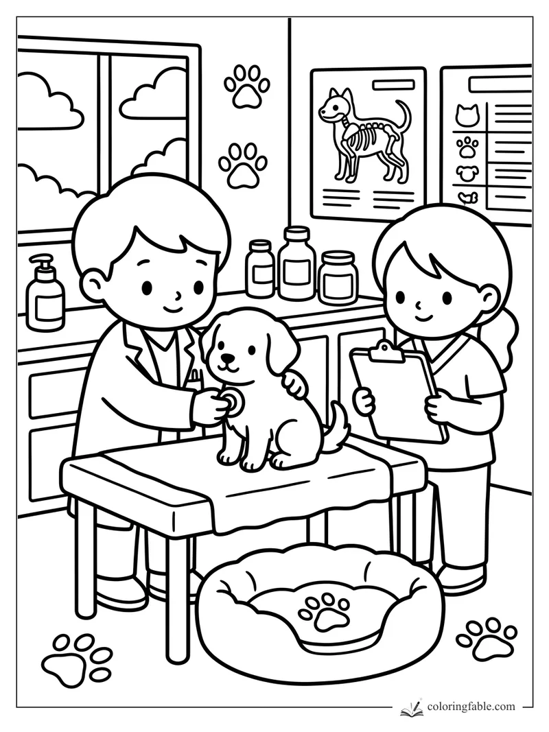 Children examine a puppy at a vet clinic with paw prints, charts, medicine bottles, and a dog bed.