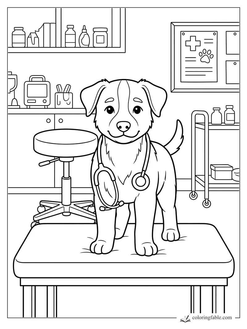 Cartoon puppy wearing a stethoscope on a vet exam table with shelves, stool, and medical chart.