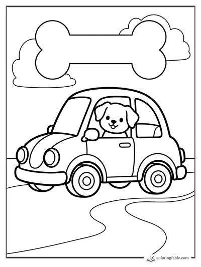 Kawaii puppy driving a small car on a curvy road under a bone-shaped sign and clouds.