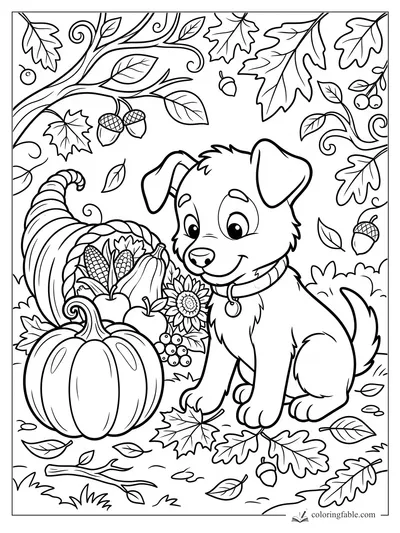Cartoon puppy beside a cornucopia, pumpkin, sunflower, acorns, berries, and swirling fall leaves