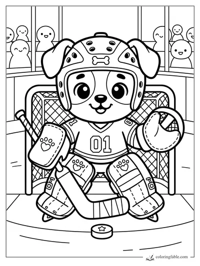 Kawaii puppy goalie in helmet and pads guarding a net with cheering fans and a star puck