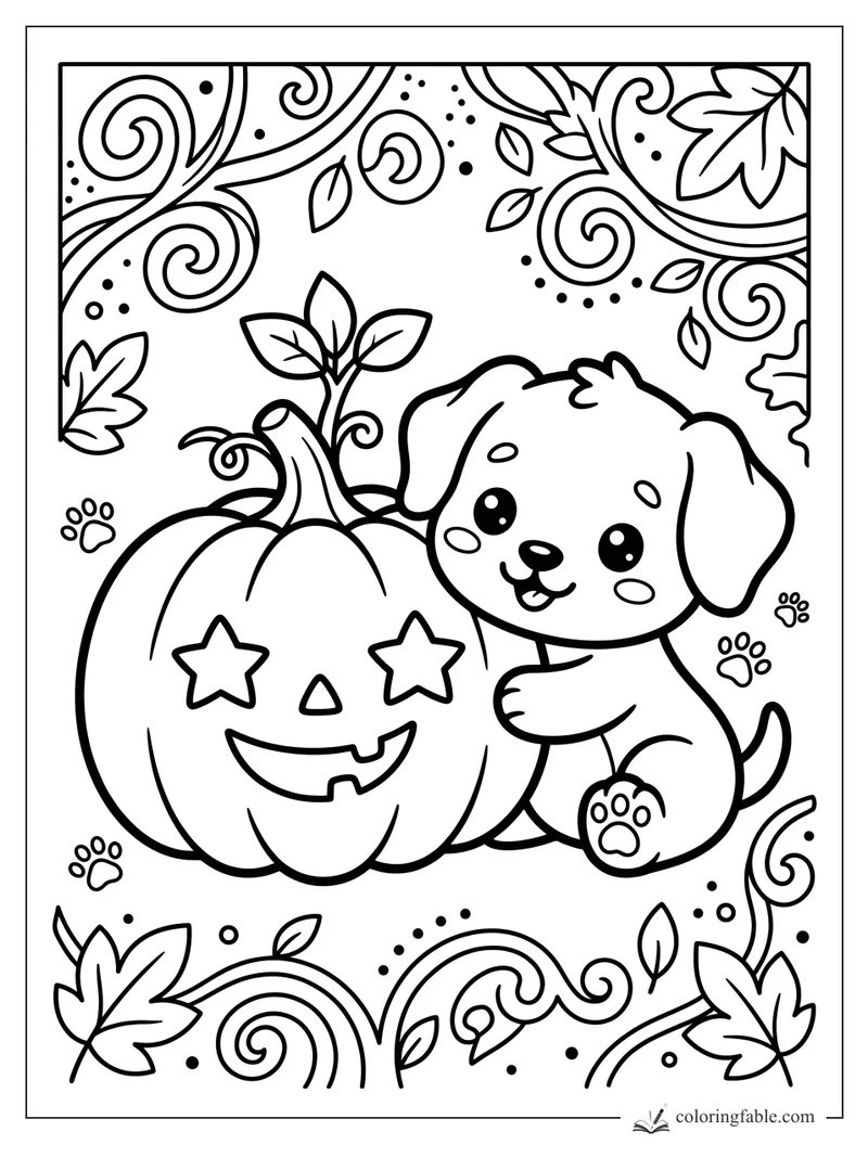 Kawaii puppy hugging a star-eyed jack-o’-lantern with swirling vines, leaves, dots, and paw prints.