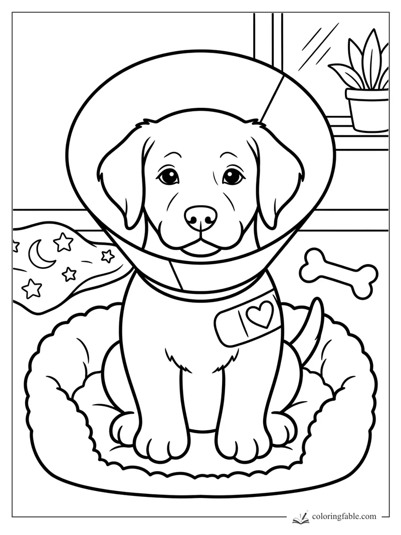 Puppy wearing a recovery cone on a fluffy bed with a heart tag, bone, star blanket, and window plant.