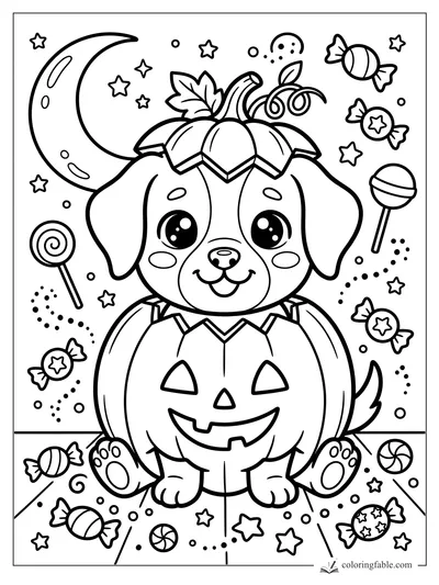 Kawaii puppy in a pumpkin costume with crescent moon, stars, lollipops, and wrapped candy.