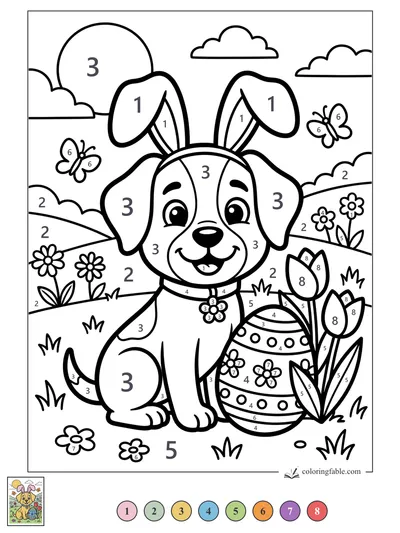 Puppy in Bunny Ears with a Painted Egg — color by number