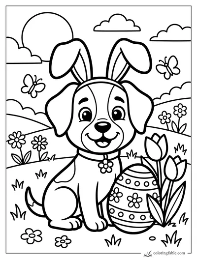 Smiling puppy wearing bunny ears beside a patterned Easter egg, tulips, butterflies, and flowers.